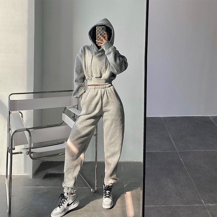 Hoodie High Waist Loose Bunched Sweatpants Two-piece Set