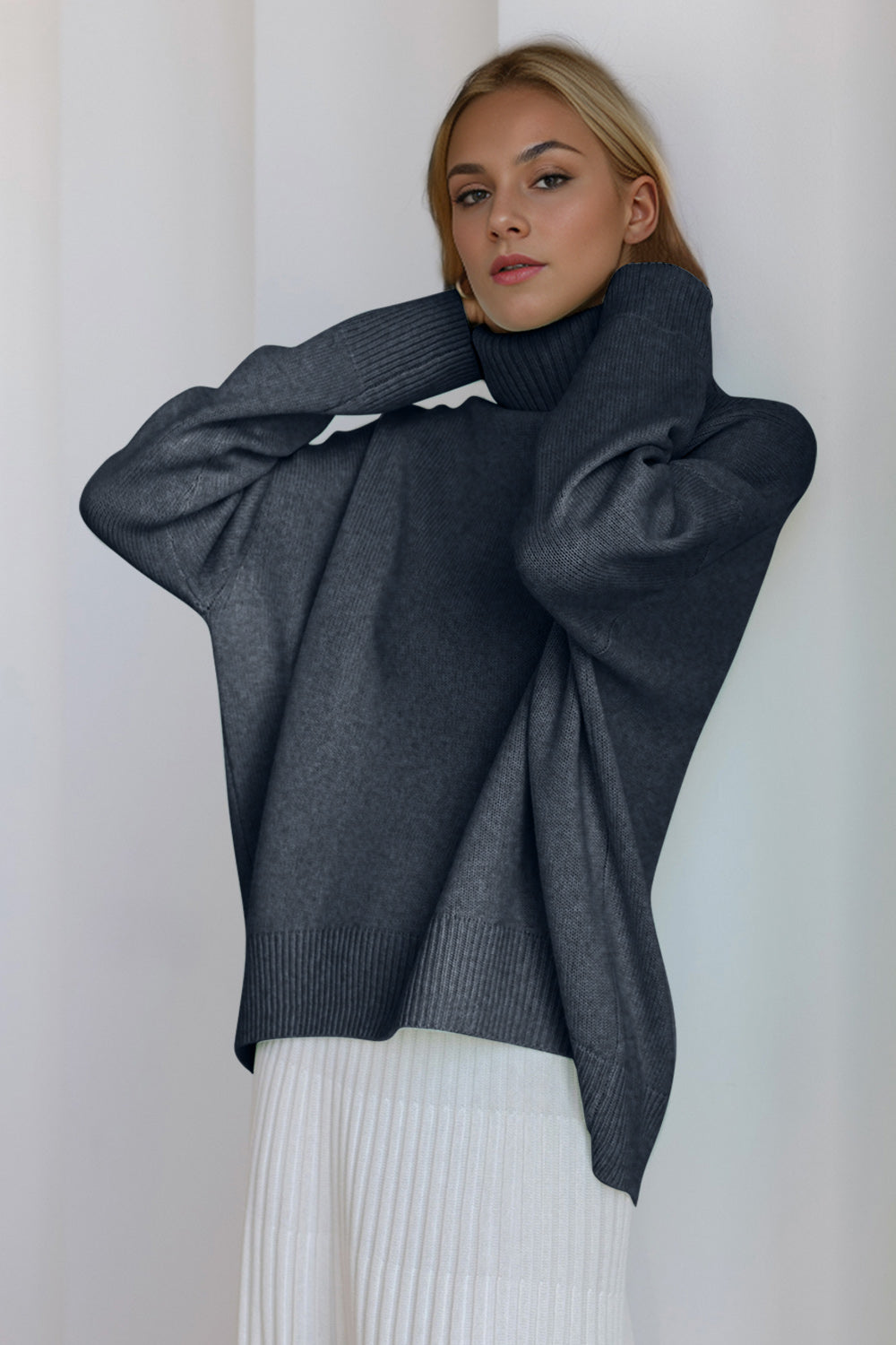 Turtleneck Dropped Shoulder Long Sleeve Sweater