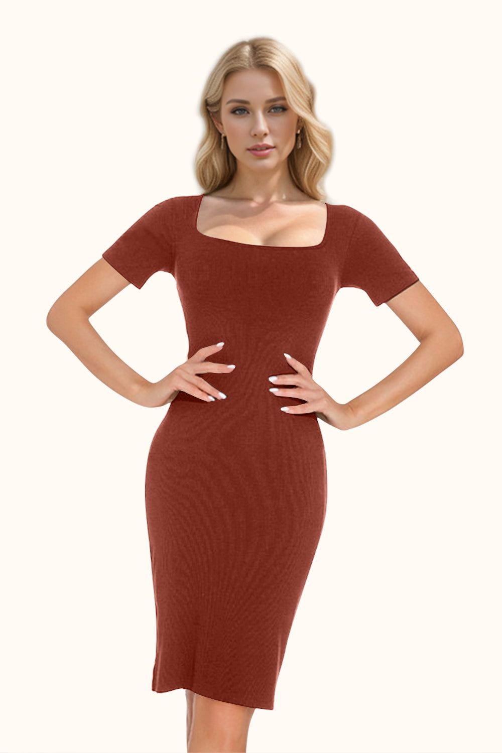 Full Size Built-In Shapewear Square Neck Short Sleeve Dress