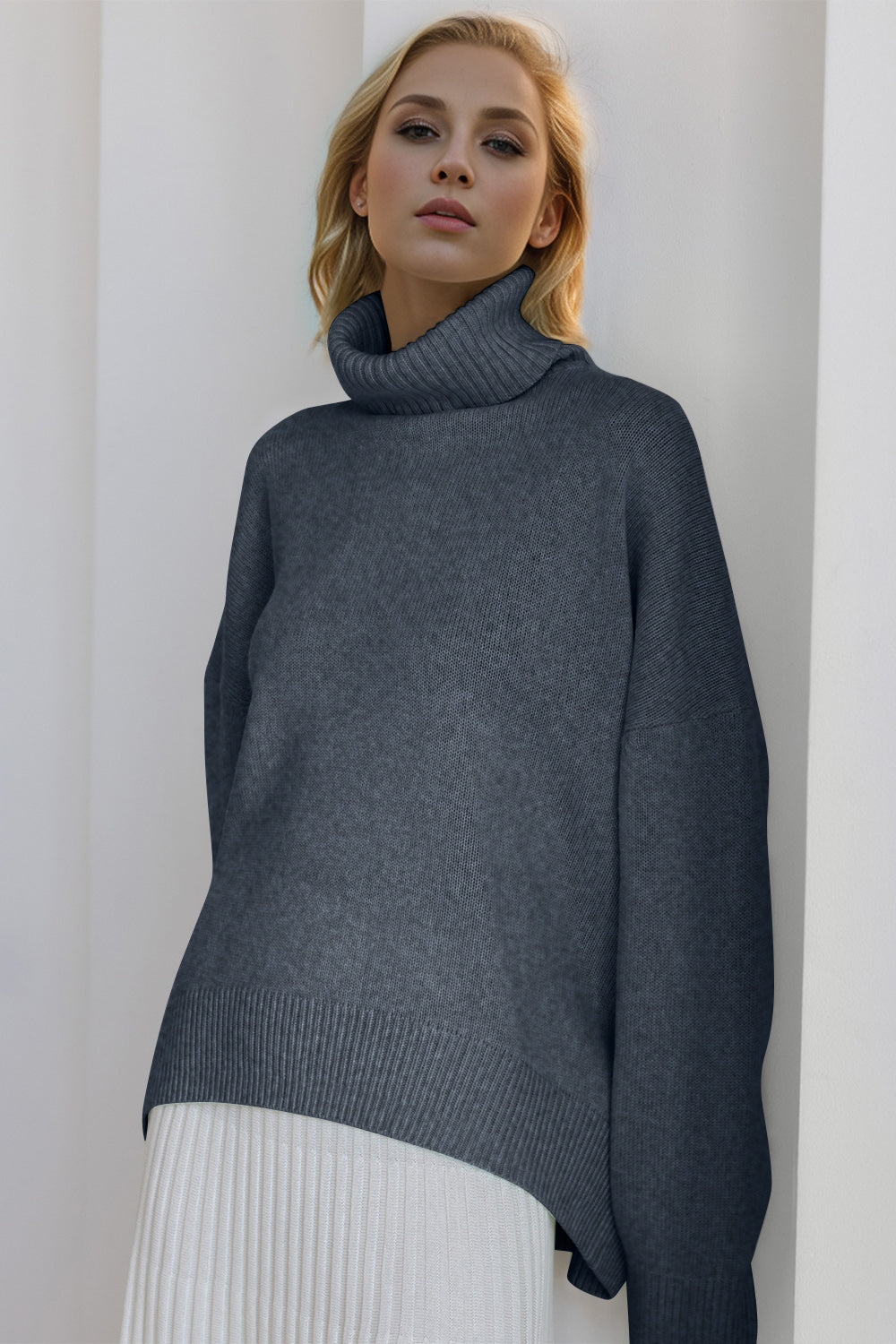 Turtleneck Dropped Shoulder Long Sleeve Sweater