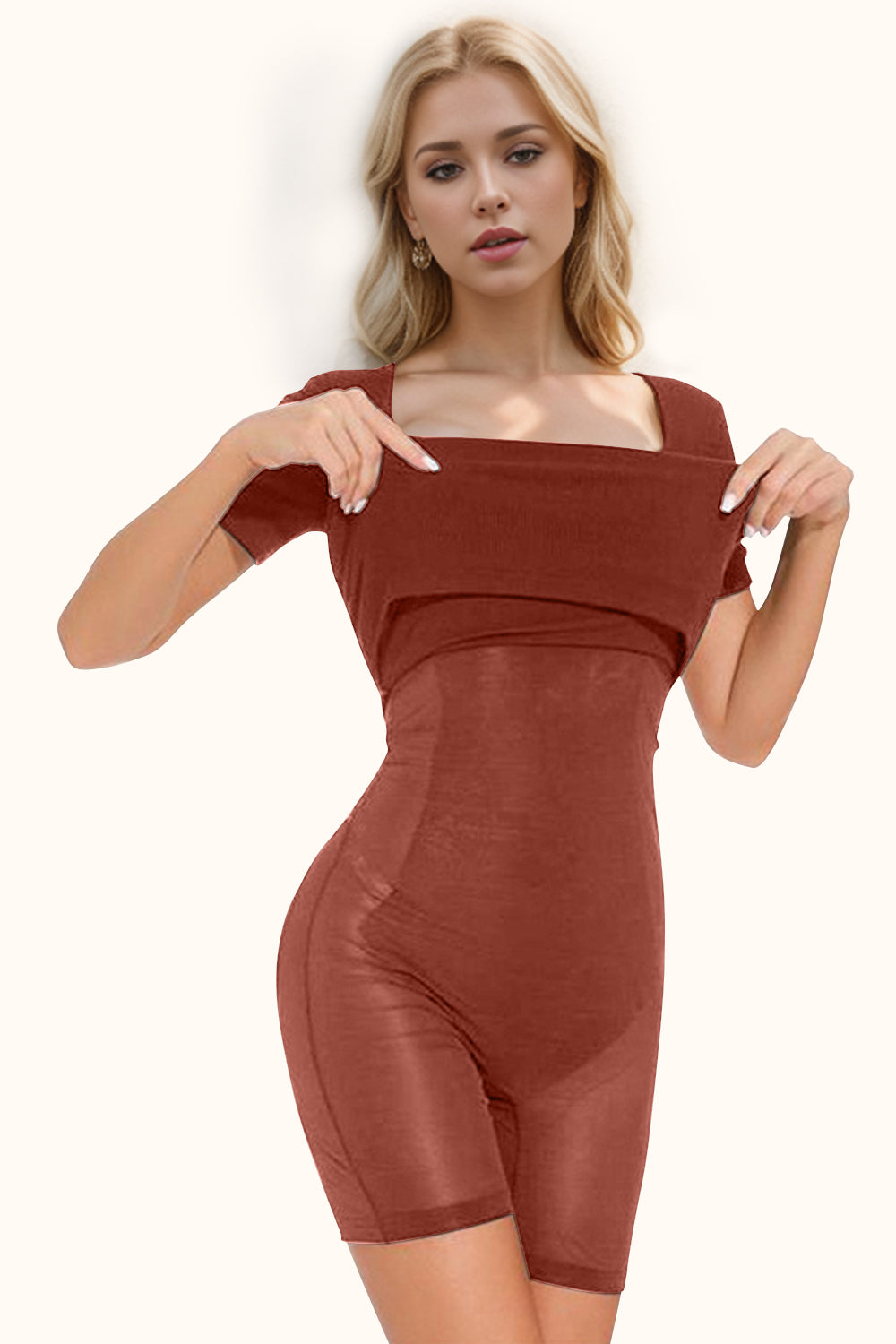 Full Size Built-In Shapewear Square Neck Short Sleeve Dress