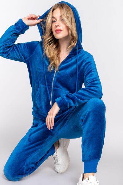 Deep Blue Sleeve Hoodie | Velvet Zip Hoodie Set | The Puchii Shop